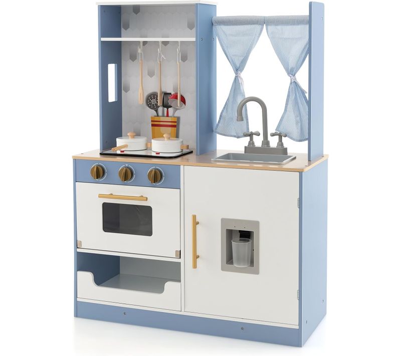 Cuisine Enfants Bleu Avec Lumière Et Effet Sonore Et Rideaux, Jeu De Cuisine En Bois,  Pour 3 Ans+
