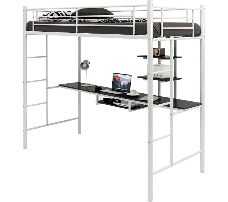 Lit Mezzanine En Métal Avec Bureau, 2 Étagères Et 2 Echelles,pour Matelas De 90 X 190 Cm (blanc)
