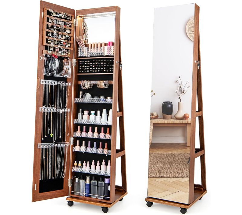 3 En 1 Armoire à Bijoux Sur Roulettes, Organisateur De Bijoux Sur Pieds Avec Miroir Psyché ,café