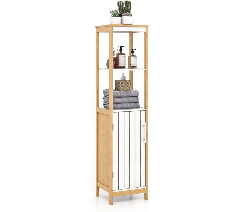 Meuble Colonne De Salle De Bain, Étagère Réglable, 30 X 30 X 129 Cm, Naturel + Blanc