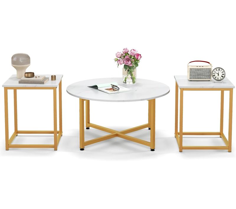 Table Basse Salon 3 Pièces, Table Basse Ronde Avec 2 Tables D'appoint Carrées(blanc Doré)