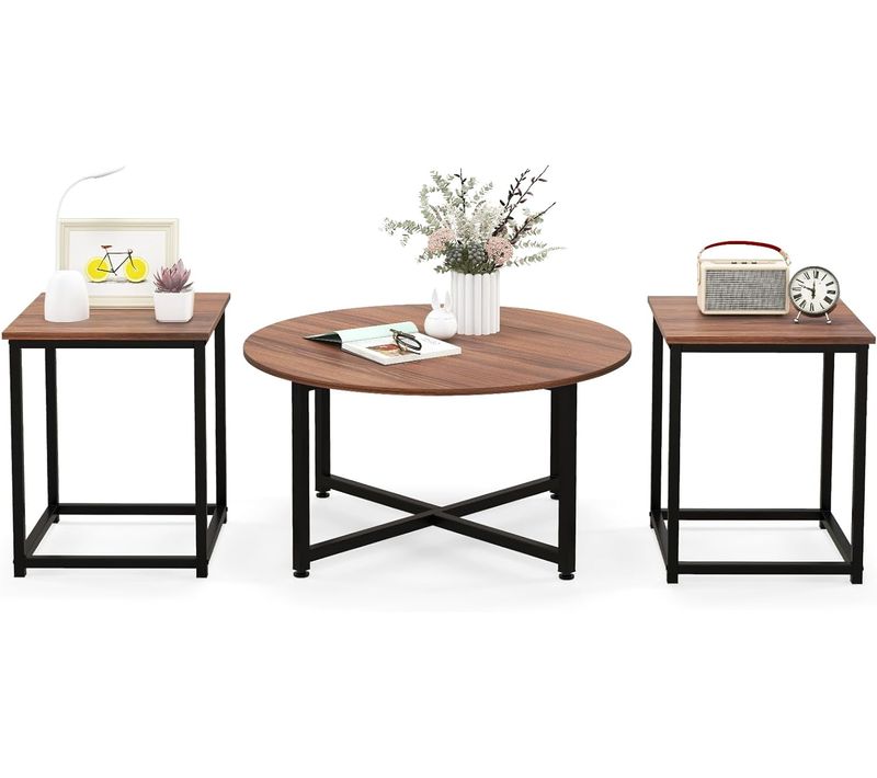 Table Basse Salon 3 Pièces, Table Basse Ronde，table Salon Lot De 3 Pour Salon, Chambre (noyer)