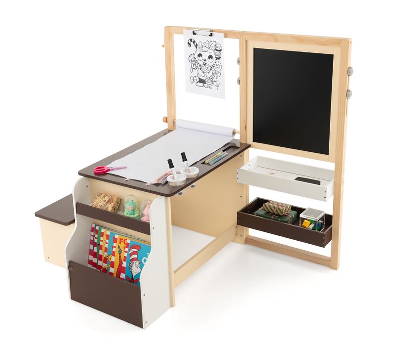 2 En 1 Bureau Enfants En Bois Avec Banc Et Etagères,chevalet Magnétique Pour Enfants(gris)