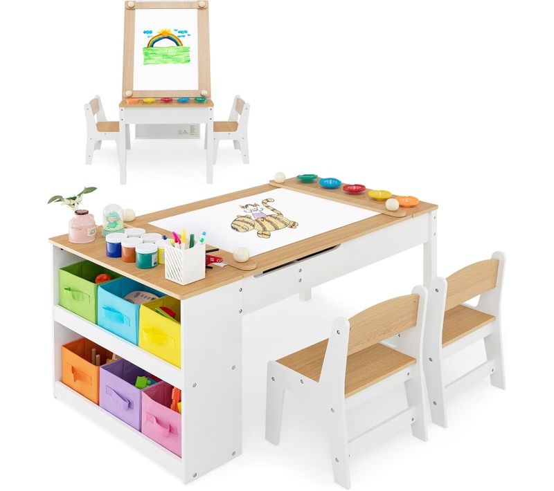 2 En 1 Table à Dessin Et 2 Chaises Enfants Avec Plateau Inclinable,table D'activité En Bois，naturel