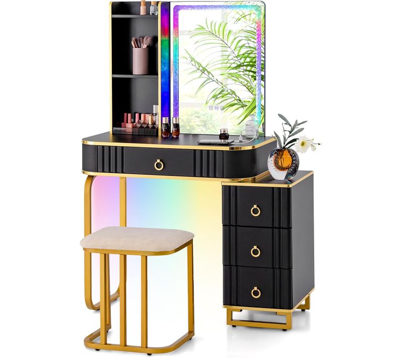 Coiffeuse Avec Miroir LED, Table De Maquillage Avec Tabouret Rembourré, Type-c, Style Moderme, Noir