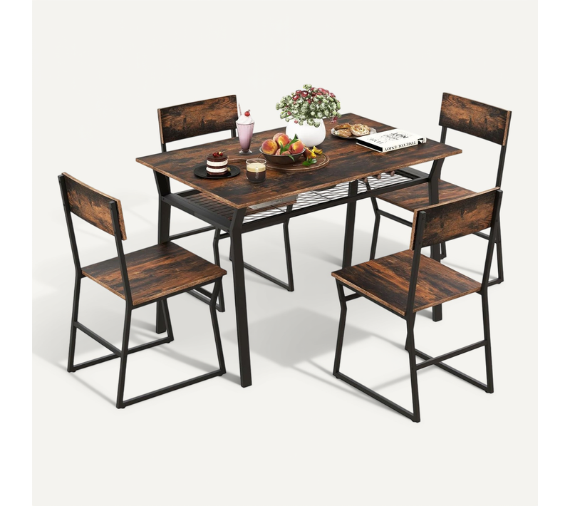 Table à Manger Avec 4 Chaises, Table Rectangulaire 110x70cm Avec Étagère, Cuisine (marron Rustique)