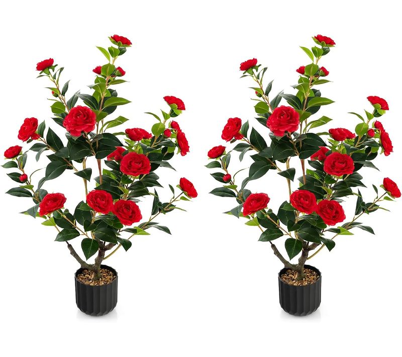 Plante Artificielle à Fausses Fleurs, Fausse Plante Camélia Artificiel Dans Un Pot Remplies(rouge)