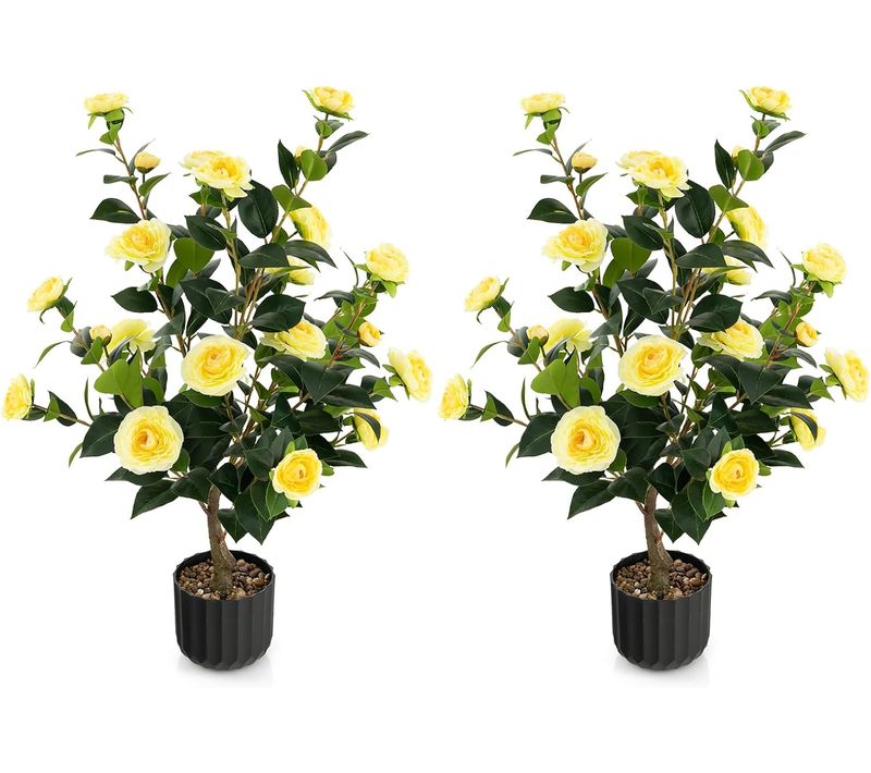 Plante Artificielle à Fausses Fleurs, Fausse Plante Camélia Artificiel Dans Un Pot Remplies(jaune)