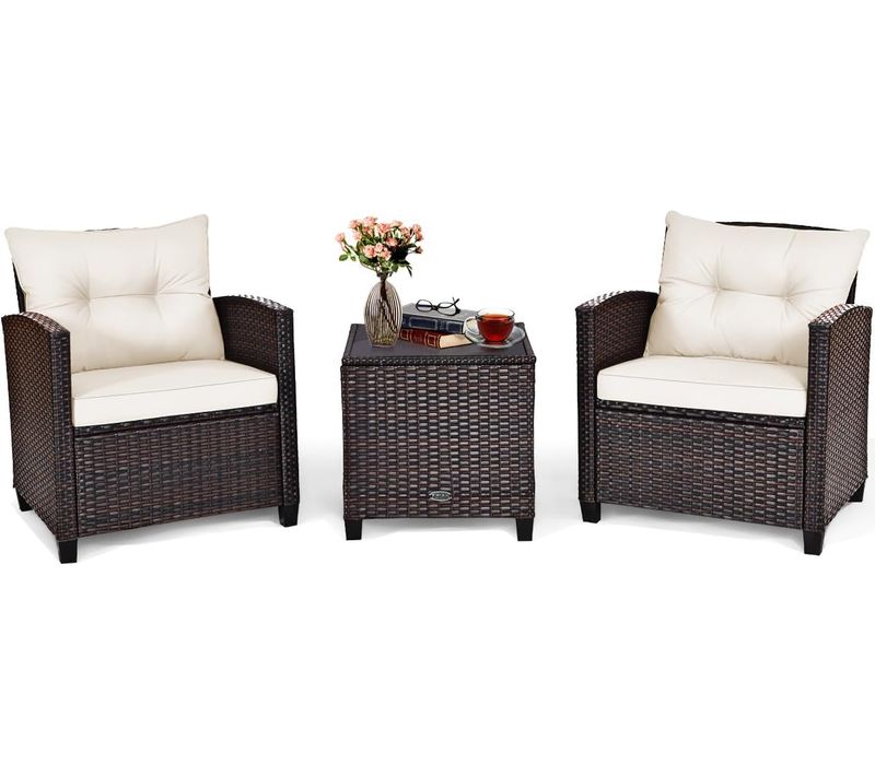 Ensemble De Meubles 3 Pièces De Patio En Rotin Charge 180kg, Salon De Jardin 2 Fauteuils(marron)