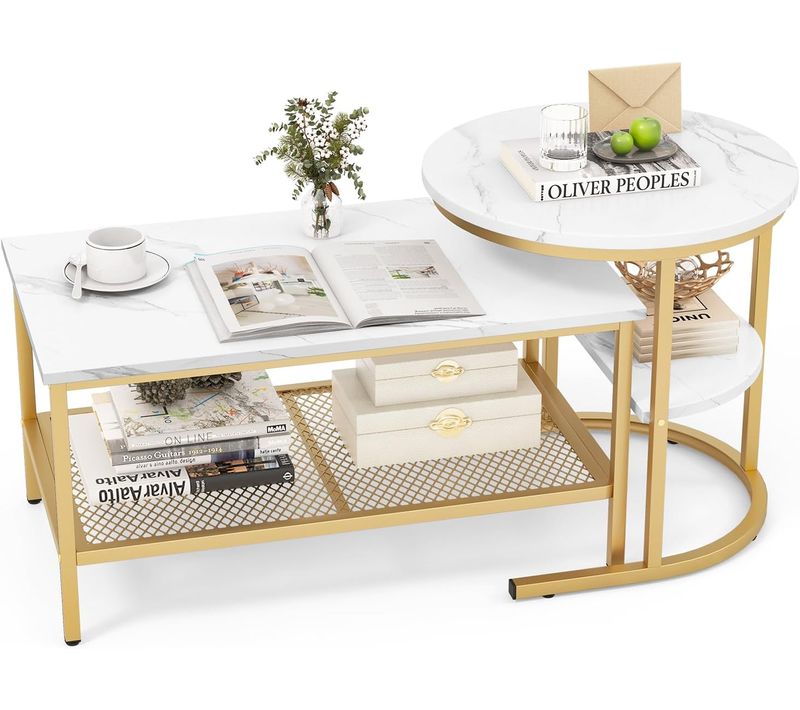 Tables Basses Gigognes Lot De 2, Table Gigogne Design Marbre, Cadre En Métal Doré