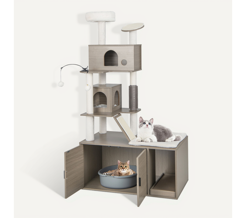 Arbre à Chat 2 En 1 Avec Toilettes, Tour à Chat Avec Maison De Toilettes Et Griffoir(173 Cm)