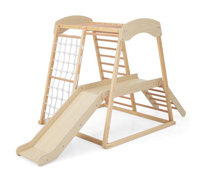 6 En 1 Triangle D'escalade En Bois Enfants Avec Toboggan Et Zone Tampon, Charge 60kg (naturel)