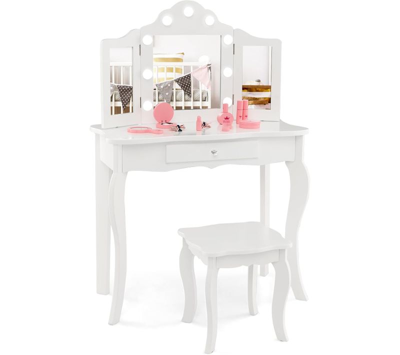 2 En 1 Coiffeuse Enfants Et Tabouret Avec Miroir Amovible à Trois Volets, 70x34x103cm(blanc)