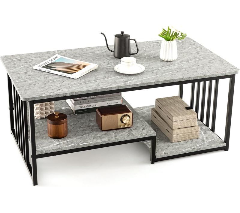 Table Basse Marbre, Table Basse Salon Rectangulaire Avec 2 Étagères, Cadre ， 110 X 60 X 45 Cm