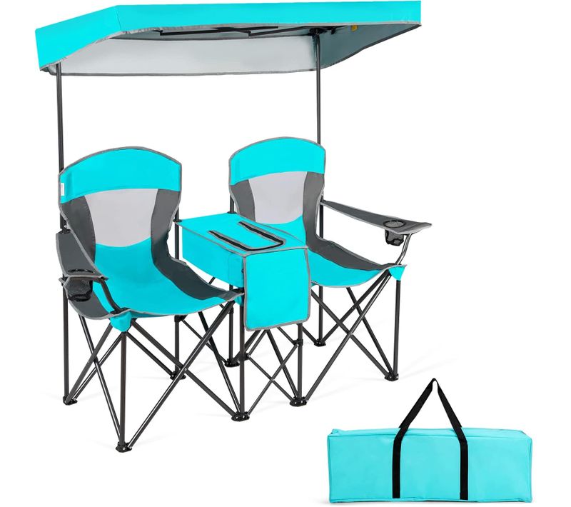 Chaise De Camping Pliante 2 Places Avec Parasol Amovible Et Réglable, Charge 120kg Chaque Siège
