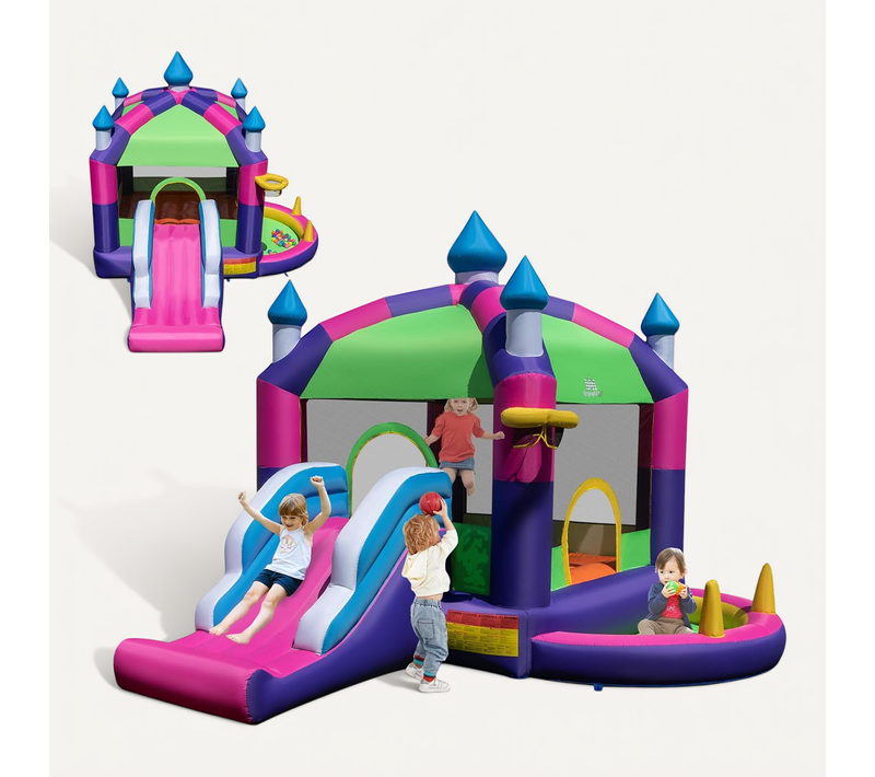 5 En 1 Château Gonflable Avec Toit Et Toboggan, Aire De Jeux Gonflable ,  385x332,5x300cm