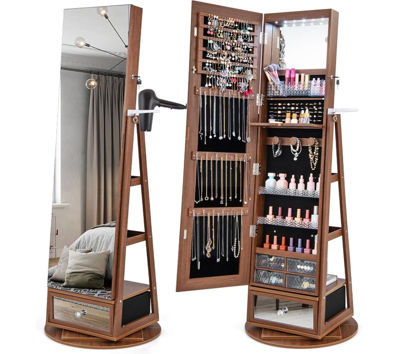 Armoire à Bijoux Avec Miroir Sur Pieds, Pivotant 360°, Miroir Psyché Sans Cadre, Lumières LED(brun)