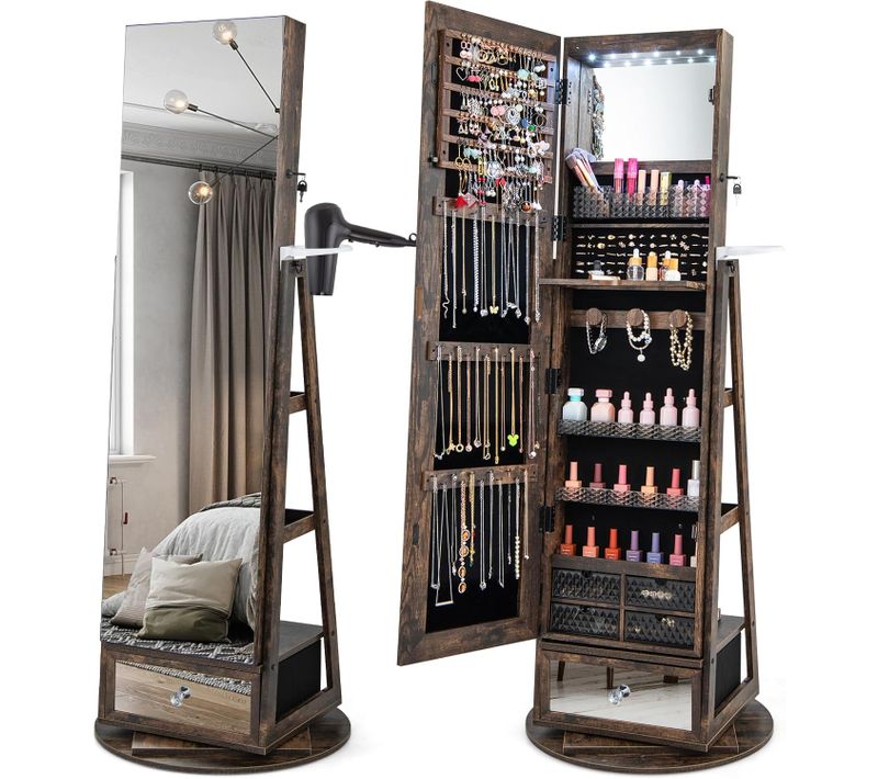 Armoire à Bijoux Avec Miroir Sur Pieds, Pivotant 360°, Miroir Psyché Sans Cadre(marron Rustique)