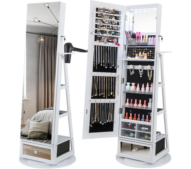 Armoire à Bijoux Avec Miroir Sur Pieds, Pivotant 360°, Miroir Psyché Sans Cadre,lumières LED(blanc)