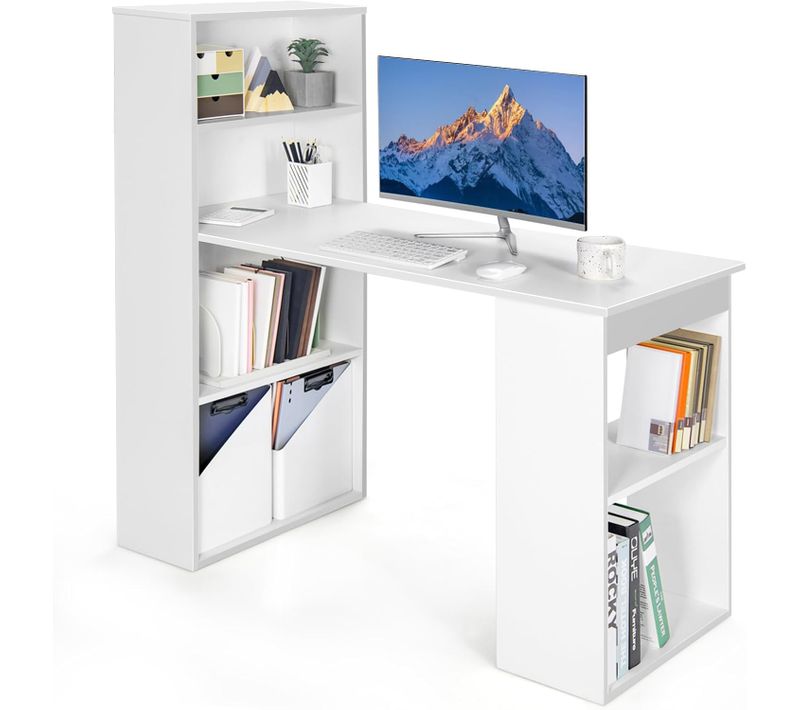 Bureau Droit Réversible Avec Bibliothèque, Assemblage Facile, Pour Maison, Bureaux (blanc)