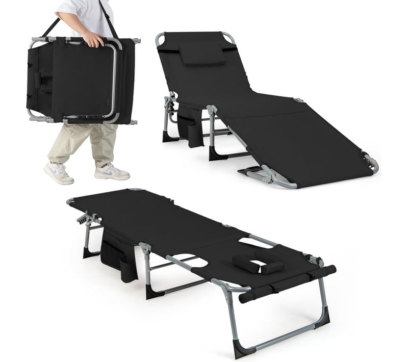 Bain De Soleil En Aluminium Avec Dossier Réglable, Chaise Longue Pliante , Charge 180kg (noir)