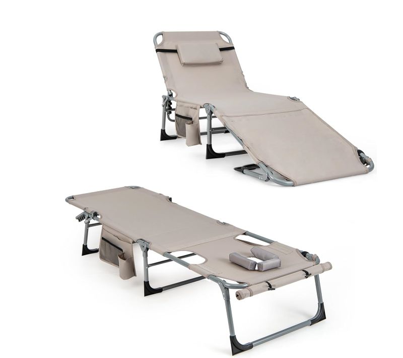 Bain De Soleil En Aluminium Avec Dossier Réglable, Chaise Longue Pliante, Charge 180 Kg (beige)