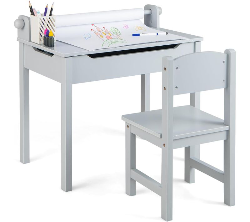 Bureau Enfants Avec Tabouret Et Plateau Rabattable, Poignées Découpées Pour Enfants De 3 Ans+