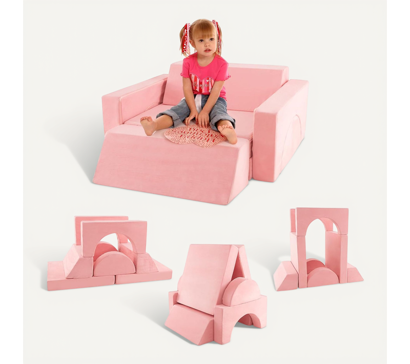 Canapé Enfants 8 Pièces Avec Combinaisons Multiples, Fauteuil Enfant Convertible (rose)
