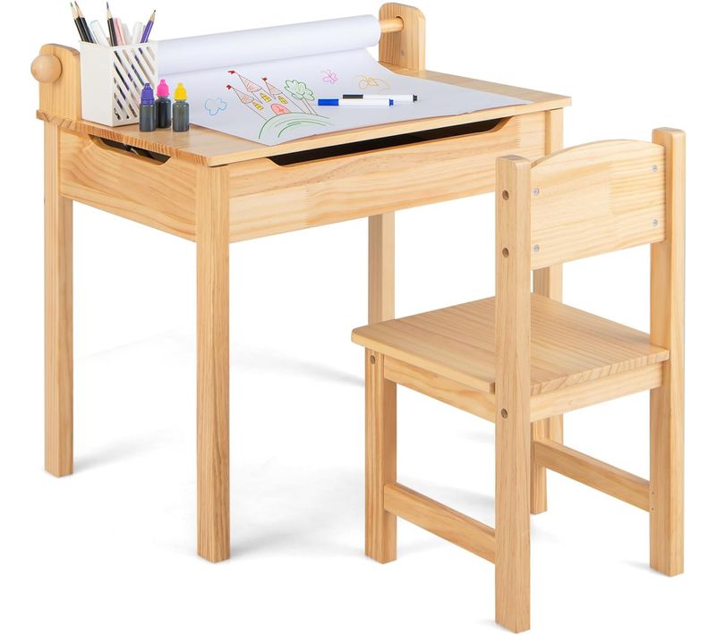 Bureau Enfants Avec Tabouret Et Plateau Rabattable,poignées Découpées Pour Enfants De 3 Ans+