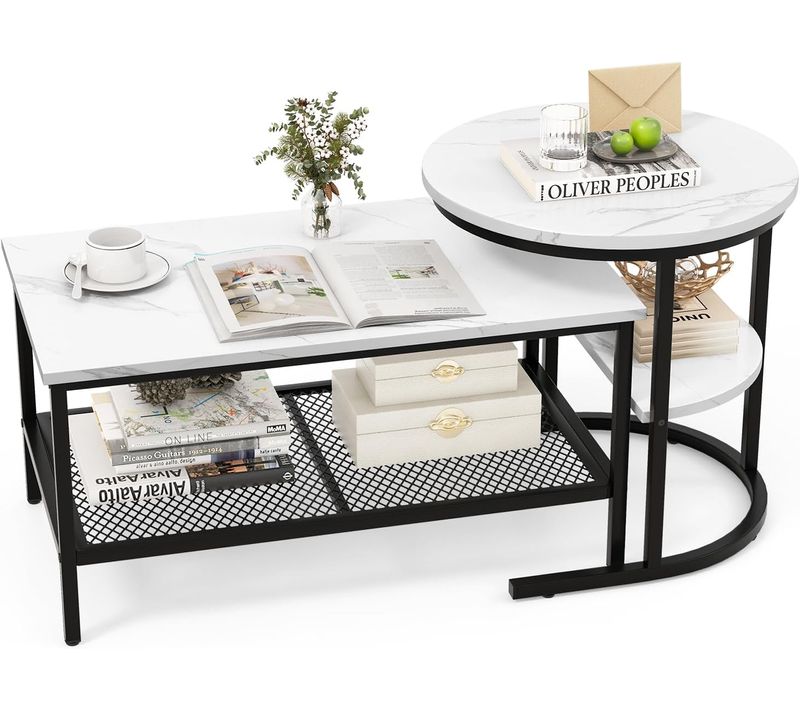 Tables Basses Gigognes Lot De 2, Table Gigogne Design Marbre, Cadre En Métal, Salon, Chambre