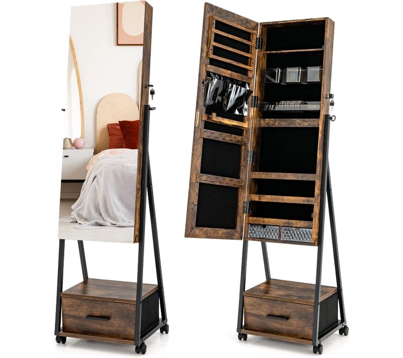 Armoire à Bijoux à Roulettes Avec Miroir De Pleine Longueur,42 X 38 X 157 Cm (marron Rustique)