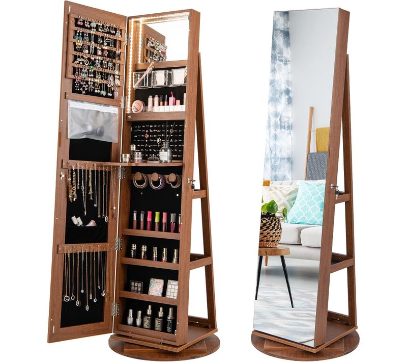 Armoire à Bijoux Pivotante à 360°, Rangement Bijoux Design 3 En 1 , Organisateur De Bijoux, Brun