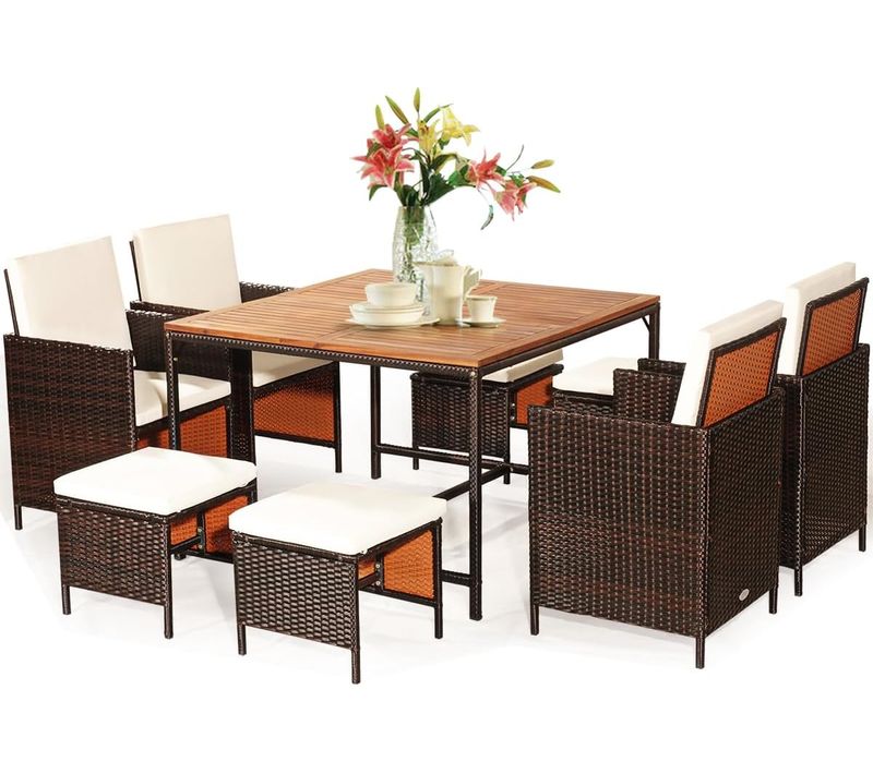 Salon De Jardin 9 Pièces, Ensemble Meuble De Terrasse Avec Coussins Et Repose-pieds(blanc)