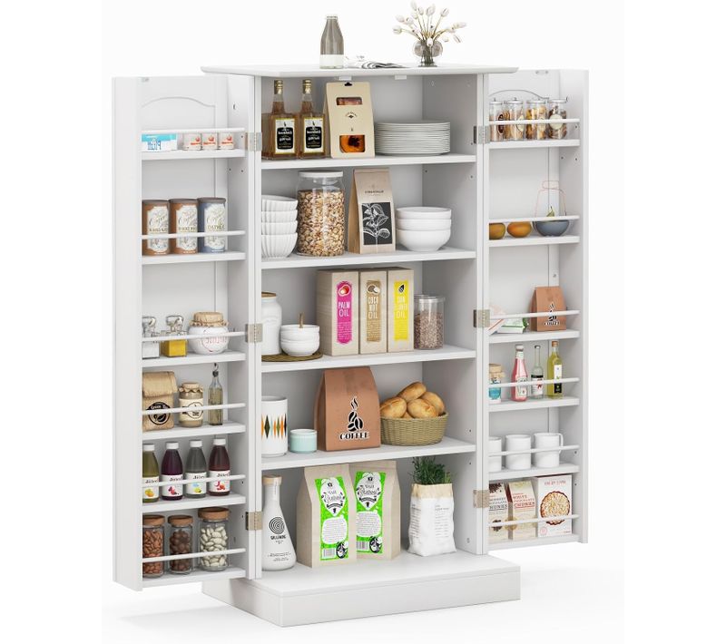 Armoire Cuisine 2 Portes Avec 16 Étagères, Meuble Cuisine Rangement , Salon, Blanc