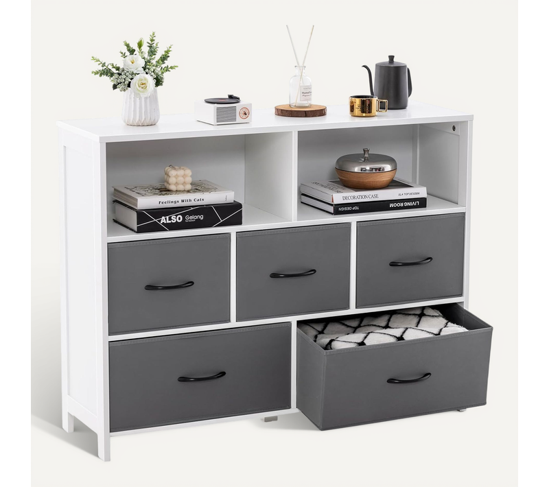 Commode Rangement 5 Tiroirs, Chiffonnier Avec 2 Grands Compartiments,salon, 100 X 30 X 78 Cm