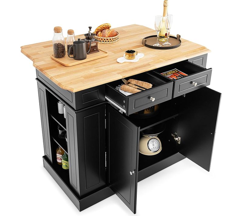 Ilot Central Cuisine Comptoir En Bois D'hévéa Pliable, Étagères Réglables, 61 X 120 X 92cm, Noir