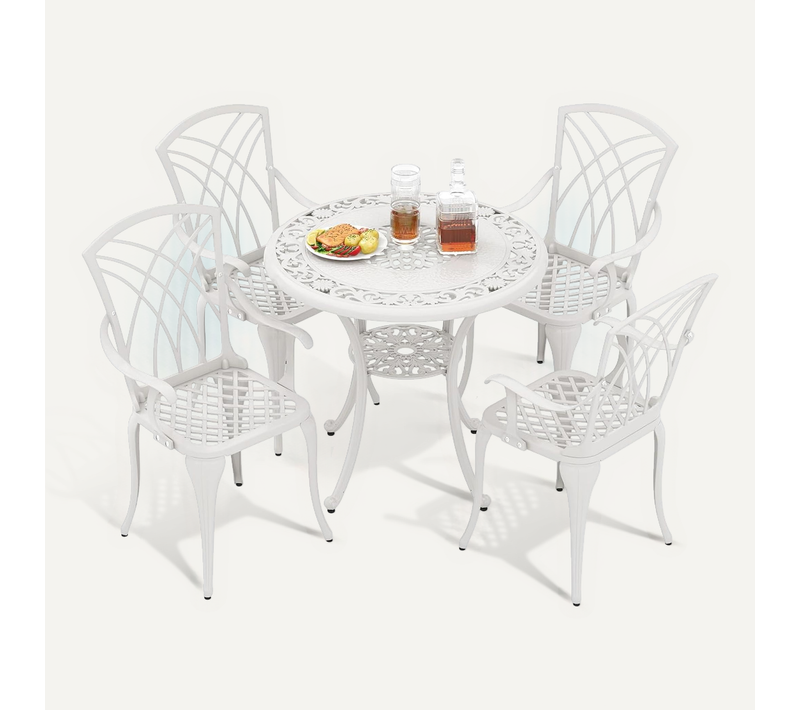 Ensemble Bistrot Pour Patio 5 Pièces En Fonte D'aluminium, Table Ronde Avec Trou Pour Parasol,blanc