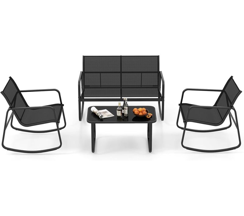 Salon De Jardin 4 Pièces Avec Chaises à Bascule Table En Verre Et Causeuse,charge 150kg