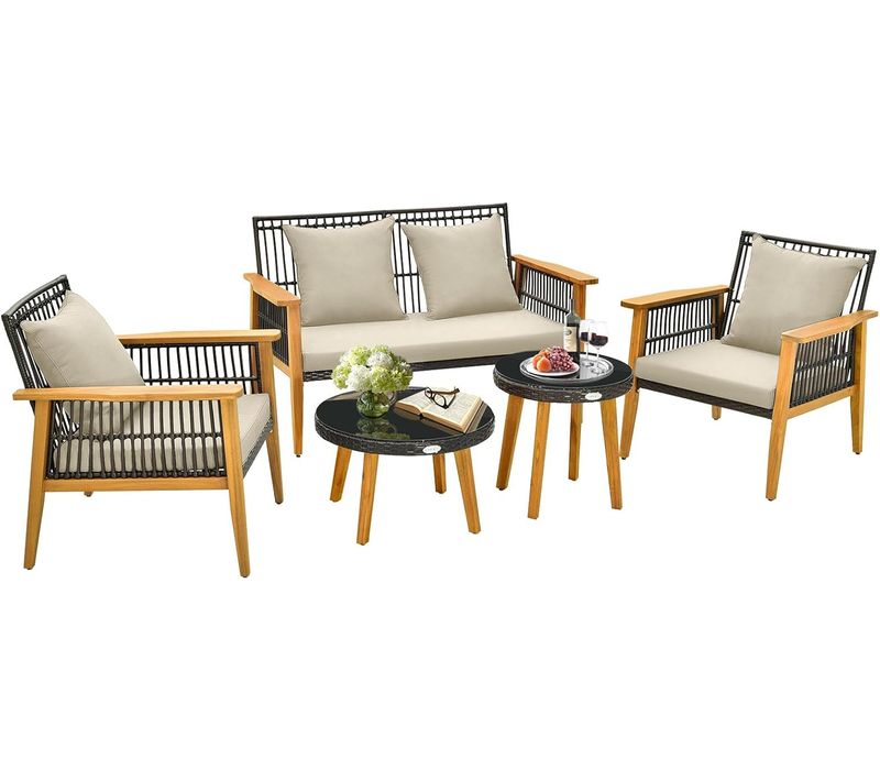 Salon De Jardin 5 Pièces Avec Causeuse 2 Chaises Et 2 Tables Basses, Pour Porche Balcon