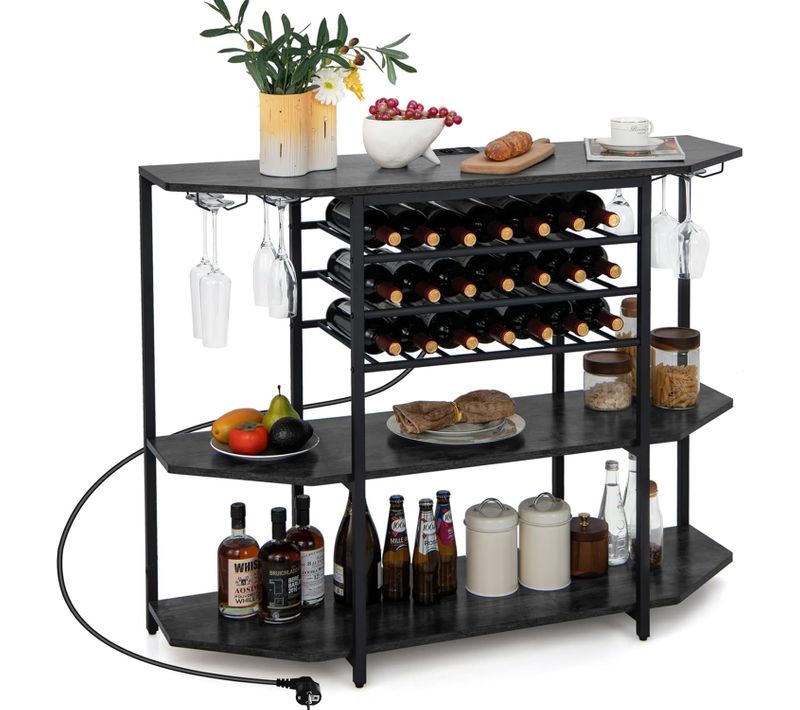 Bar à Vin Industriel, Étagère à Vin 21 Bouteilles, Étagères De Rangement à 3 Niveaux, Bar, Gris