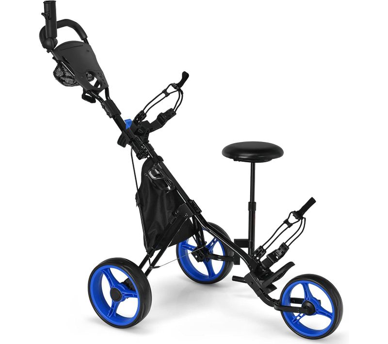 Chariot De Golf à 3 Roues Pliable, Avec Porte-gobelet,porte-parapluie Et Siège Réglables(bleu+noir)