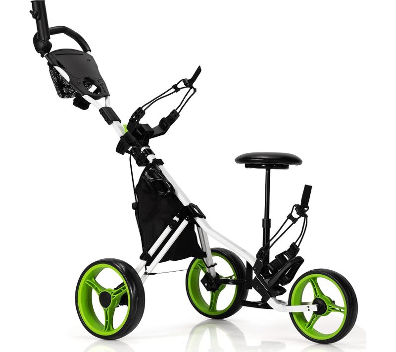 Chariot De Golf à 3 Roues Pliable, Avec Frein à Pied, Poignée Et Siège Réglable (vert + Noir)