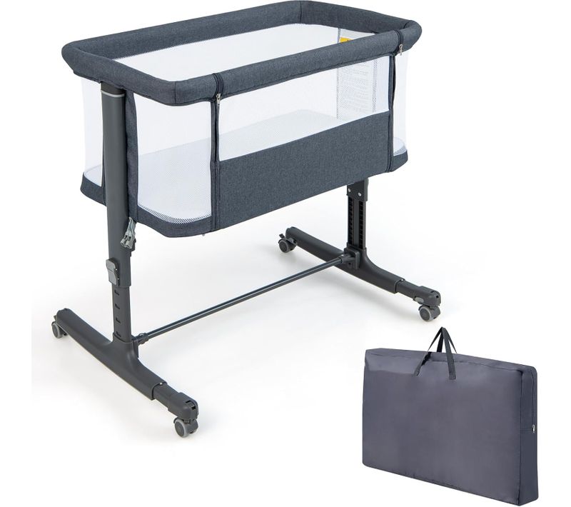 3 En 1 Lit Cododo Bébé Avec Matelas Et 5 Hauteur Réglable, Lit Bébé Evolutif 84x48x80cm(gris Foncé)