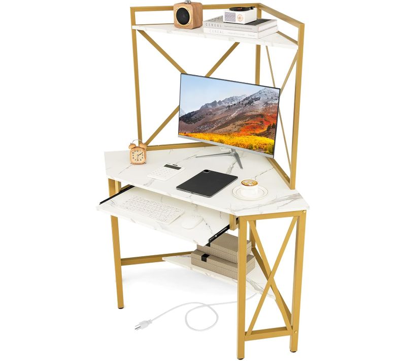 Bureau D'angle Avec Étagère De Rangement,bureau Informatique Avec 2 Prises De Courant Et 2 USB,blanc