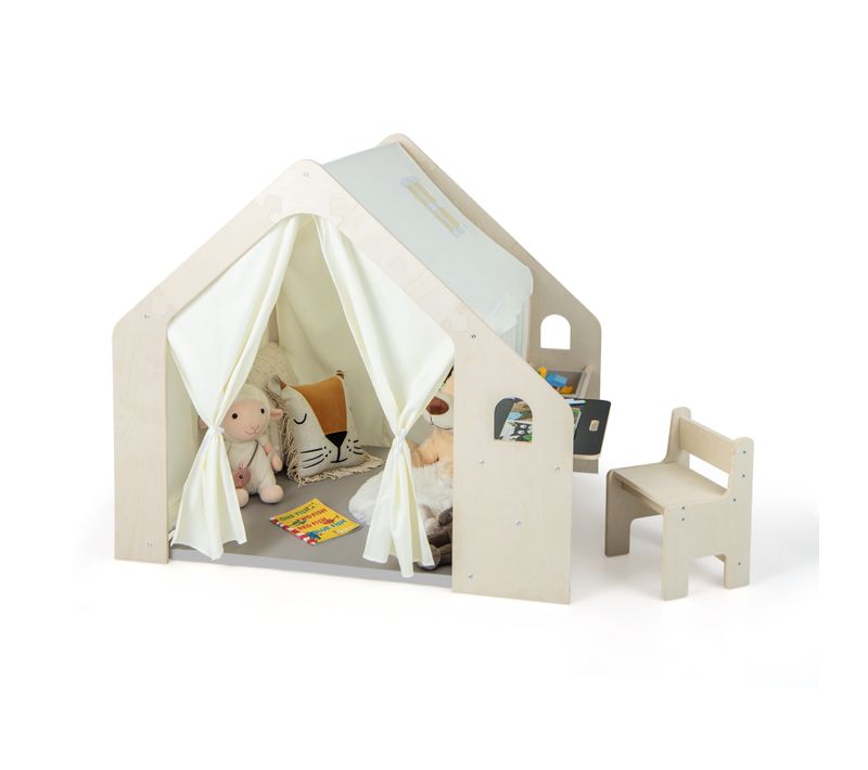 Tente De Jeu Enfant Avec Tableau Noir Et Chaise Avec Coussin De Sol Amovible Et Rideaux