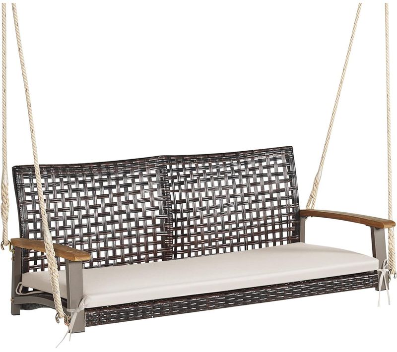 Balançoire De Jardin En Rotin à 2 Places,banc Suspendu Avec 2 Cordes De 300 Cm,charge 360 Kg(beige)