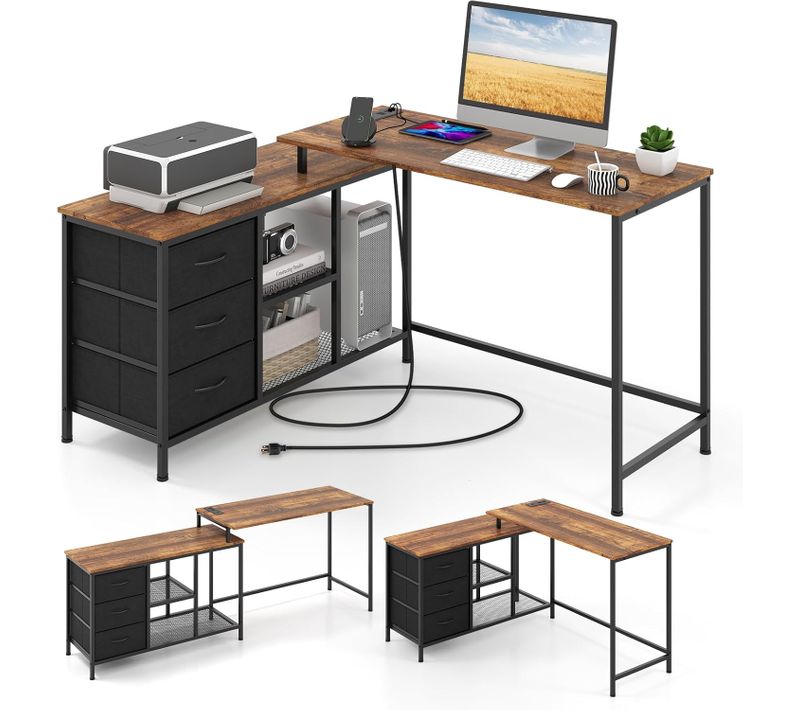 Bureau D'ordinateur En Forme De L140 Cm,bureau D'angle Convertible Avec Multiprise(marron Rustique)