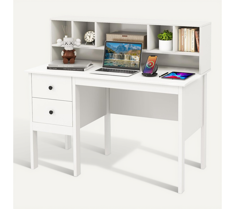 Bureau D'ordinateur 60 X 120 Cm, Table De Travail Avec Étagères 5 Compartiments, Blanc