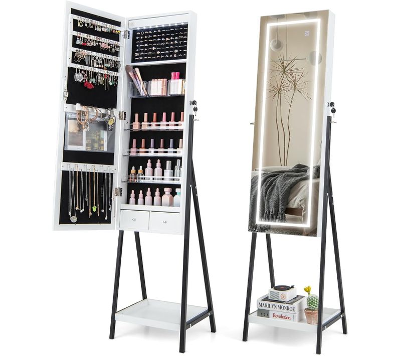 Armoire à Bijoux Sur Pied, Miroir Pleine Longueur Avec Lumières LED 3 Couleurs(blanc)