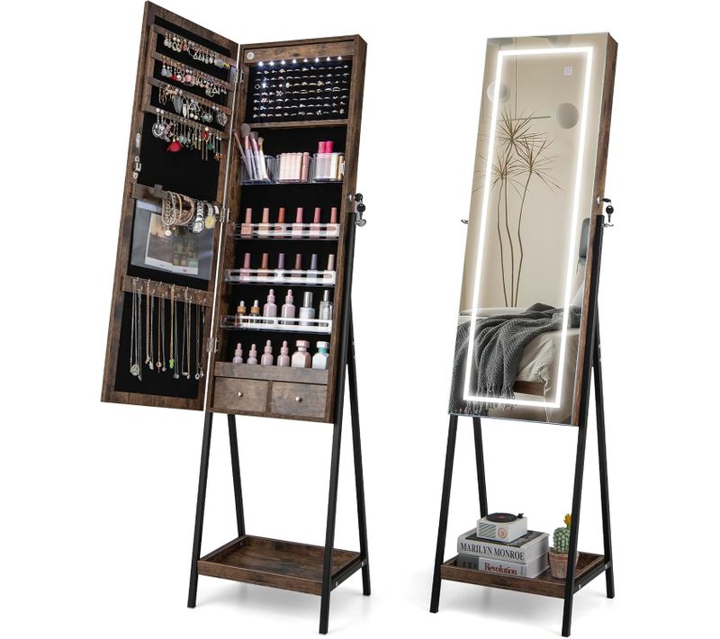 Armoire à Bijoux Sur Pied, Miroir Pleine Longueur Avec Lumières LED 3 Couleurs(marron Rustique)